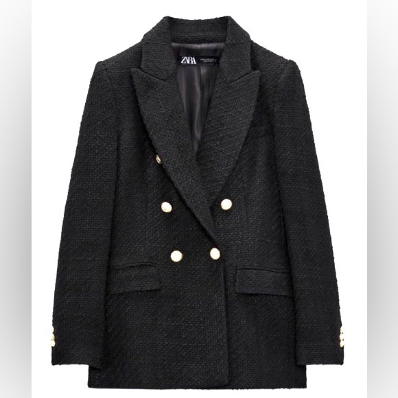 RARE Zara Black Textured Weave Tweed Double Breasted Gold Buttons Blazer Jacket - Picture 14 of 16